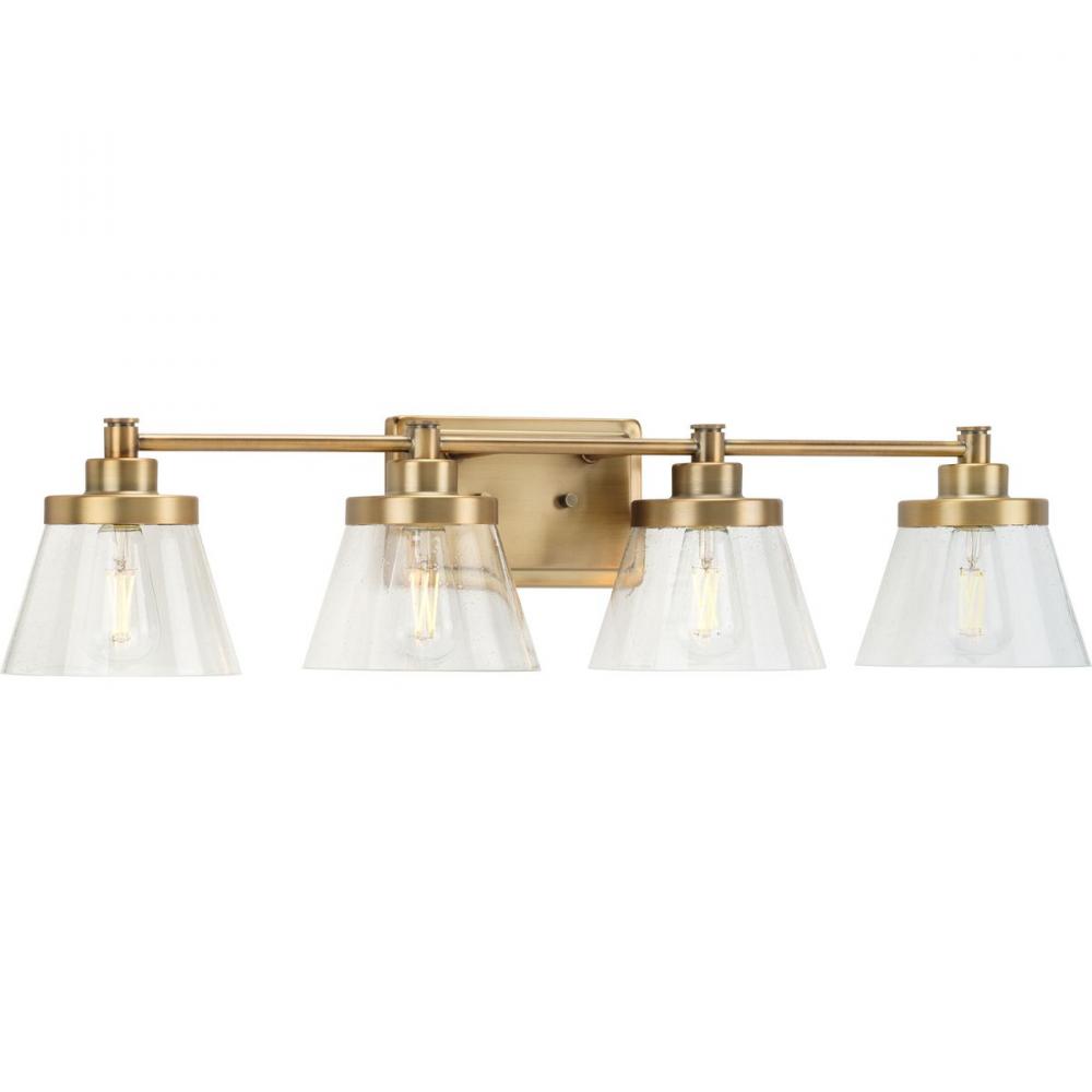 Hinton Collection Four-Light Vintage Brass Clear Seeded Glass Farmhouse Bath Vanity Light