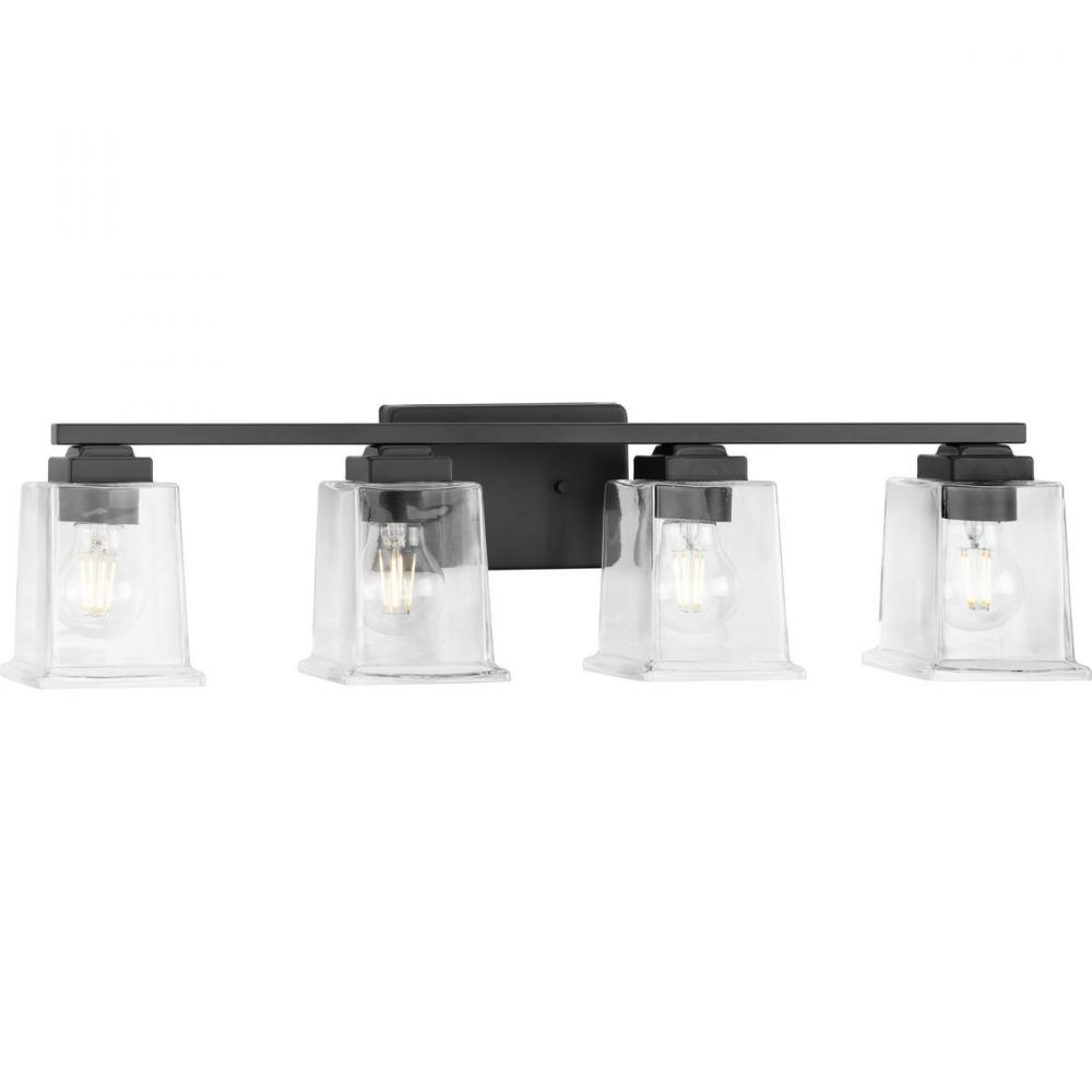 Gilmour Collection Four-Light Modern Farmhouse Matte Black Clear Glass Bath Vanity Light