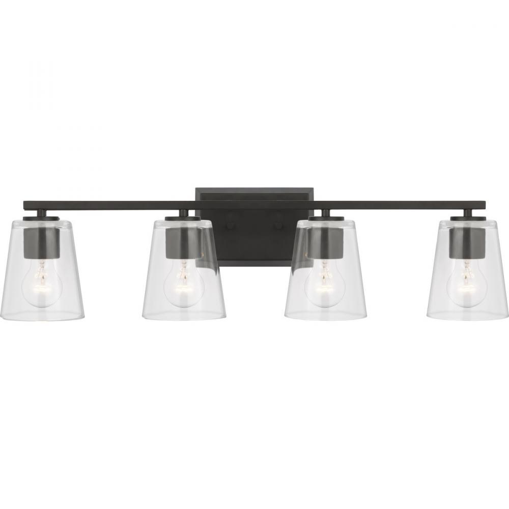 Vertex Collection Four-Light Matte Black Clear Glass Contemporary Bath Light